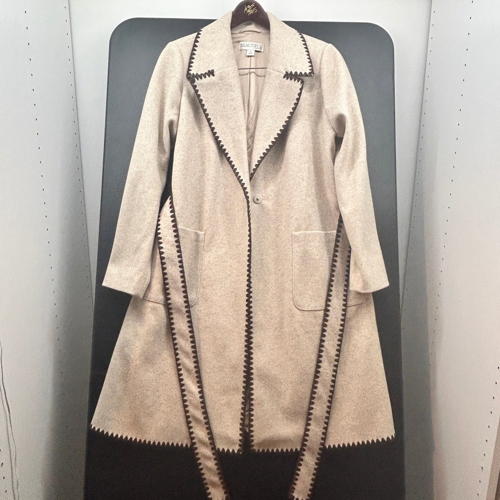 Beautiful by Lawrence Zarian Blanket Stitch Longline Coat Small Beige